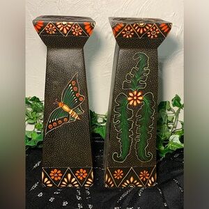 Vintage Hand Painted Vintage Piller Candle Holders Butterflies Tropical Decor